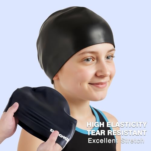 Dizokizo 2pcs Silicone Swim Cap for Kids 6-14, High Elasticity Comfortable Non-Slip Swimming Cap for Girls & Boys, Waterproof Swim Hats for Long and Short Hair, Keep Hair Dry (Rose red & Black) - Image 3
