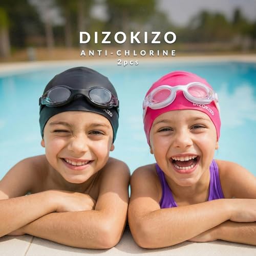 Dizokizo 2pcs Silicone Swim Cap for Kids 6-14, High Elasticity Comfortable Non-Slip Swimming Cap for Girls & Boys, Waterproof Swim Hats for Long and Short Hair, Keep Hair Dry (Rose red & Black) - Image 2
