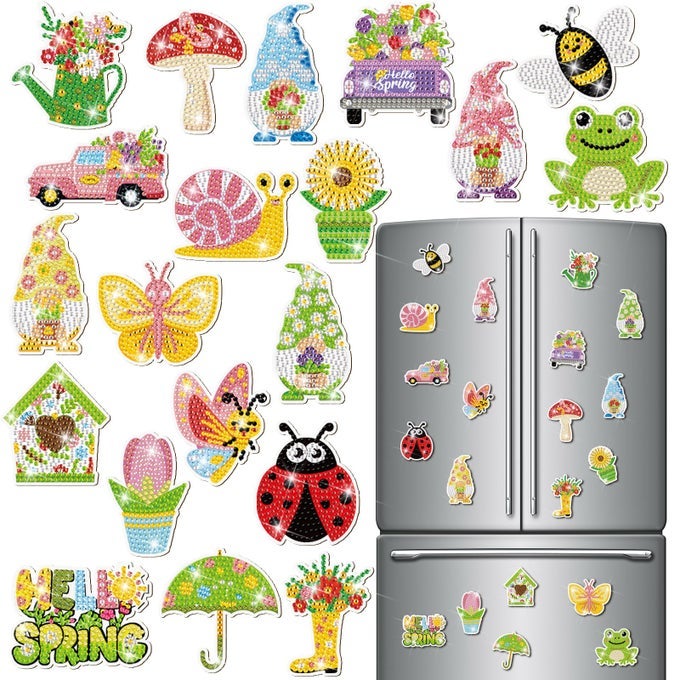 20 PCS SPRING DIAMOND PAINTING MAGNETS FLOWER BUTTERFLY BEE GNOMES SUNFLOWER DIAMOND ART MAGNETS KITS REFRIGERATOR MAGNETIC STICKERS FOR FRIDGE HOME ADULTS DIY CRAFTS