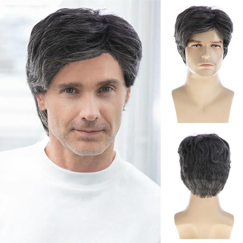 Baruisi Men Wigs Short Grey Wig Synthetic Heat Resistant Natural Halloween Cosplay Hair WigDark Grey