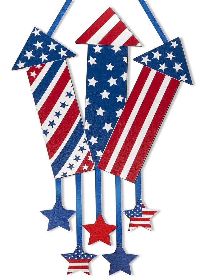 Sophena 4th of July Decoration Wood Door Wall Signs, Wooden Firecracker Wreaths Front Door Welcome Sign Patriotic Day Door Hanger Crafts for Independence Day Memorial Day Home Farmhouse Party Porch Wall Decor - Image 1