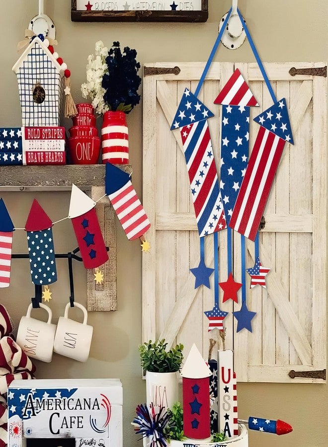 Sophena 4th of July Decoration Wood Door Wall Signs, Wooden Firecracker Wreaths Front Door Welcome Sign Patriotic Day Door Hanger Crafts for Independence Day Memorial Day Home Farmhouse Party Porch Wall Decor - Image 4