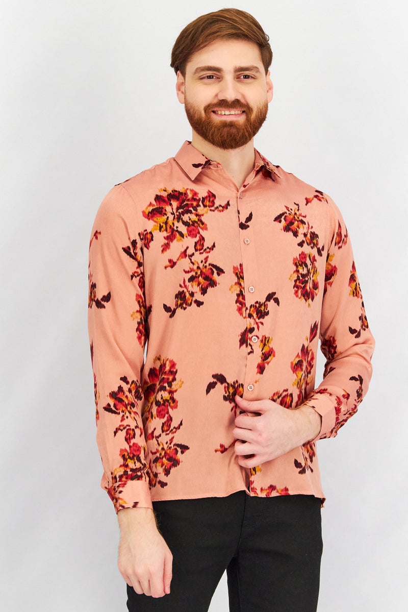 INC Men Regular Fit Long Sleeve Floral Print Casual Shirt, Peach Combo - Image 1