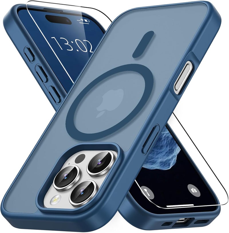 حافظة مغناطيسية لـ iPhone 16 Pro مع زجاج واقي واحد، متوافقة مع Magsafe، حماية من السقوط وفق المعايير العسكرية، ظهر غير لامع شفاف، حافظة هاتف مقاومة للصدمات، أزرق داكن - Image 1