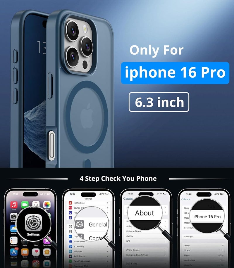 حافظة مغناطيسية لـ iPhone 16 Pro مع زجاج واقي واحد، متوافقة مع Magsafe، حماية من السقوط وفق المعايير العسكرية، ظهر غير لامع شفاف، حافظة هاتف مقاومة للصدمات، أزرق داكن - Image 4