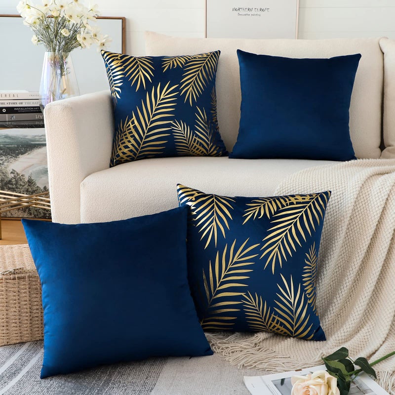 JOTOM Velvet Soft Cushion Covers Pack of 4 Gold Leaves Modern Decorative Pillow Covers Bronzing Pillow Cases Square Throw Pillow Covers for Bedroom Sofa Car Home Couch Decor 45 x 45 cm Navy