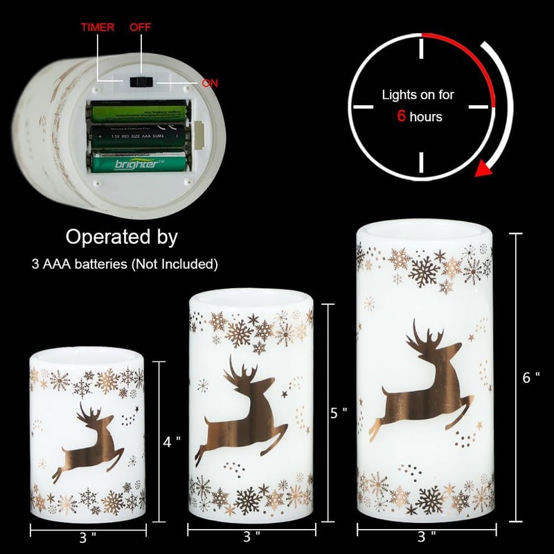 DRomance Gold Deer Flameless Flickering Candles Battery Operated with 6H Timer, 3 Pack Real Wax Warm Light LED Pillar Candles Dinner Tabletop Holiday Centerpiece Decor 3" x 6" - Image 2