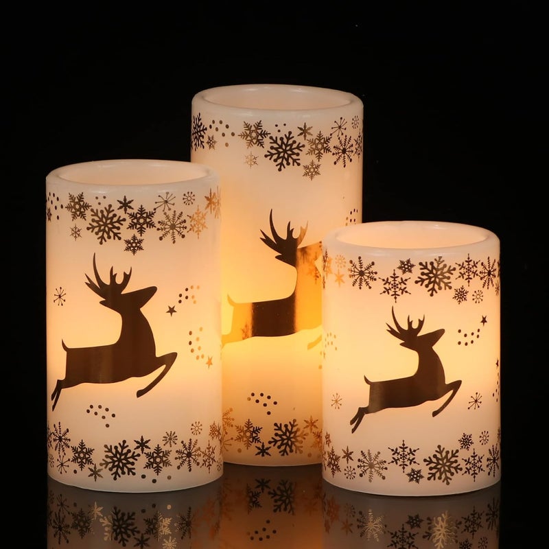 DRomance Gold Deer Flameless Flickering Candles Battery Operated with 6H Timer, 3 Pack Real Wax Warm Light LED Pillar Candles Dinner Tabletop Holiday Centerpiece Decor 3" x 6" - Image 1