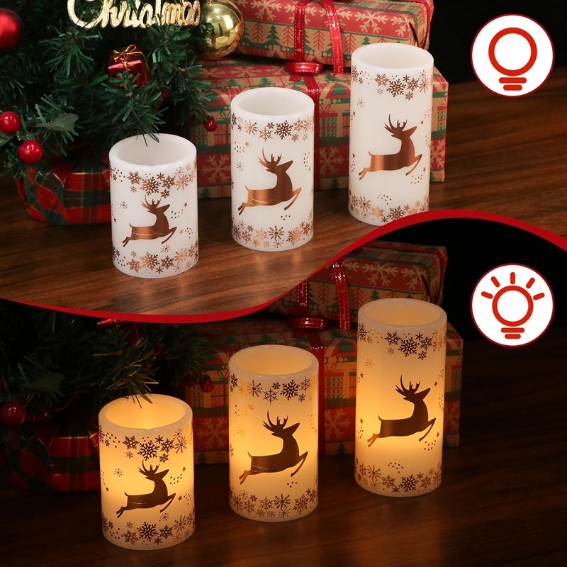 DRomance Gold Deer Flameless Flickering Candles Battery Operated with 6H Timer, 3 Pack Real Wax Warm Light LED Pillar Candles Dinner Tabletop Holiday Centerpiece Decor 3" x 6" - Image 4