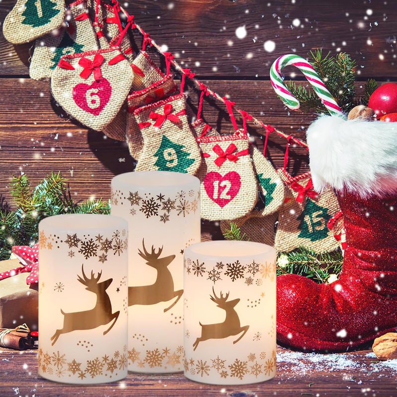 DRomance Gold Deer Flameless Flickering Candles Battery Operated with 6H Timer, 3 Pack Real Wax Warm Light LED Pillar Candles Dinner Tabletop Holiday Centerpiece Decor 3" x 6" - Image 3