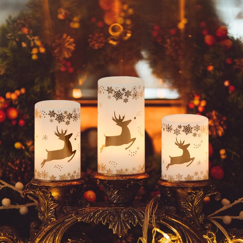 DRomance Gold Deer Flameless Flickering Candles Battery Operated with 6H Timer, 3 Pack Real Wax Warm Light LED Pillar Candles Dinner Tabletop Holiday Centerpiece Decor 3" x 6" - Image 5