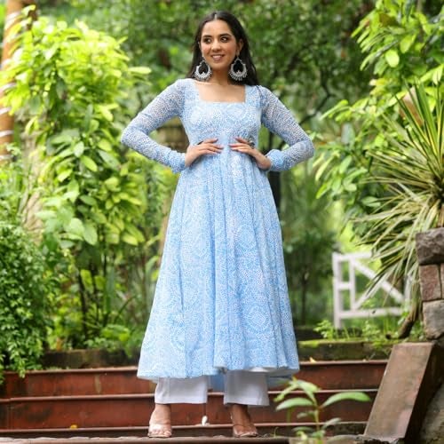 Toochki Kurti for Women | Kurtis | Georgette Kurtas | Flared Anarkali | One Piece | Sky Blue | Printed - Image 4