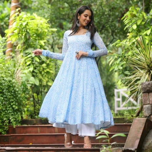 Toochki Kurti for Women | Kurtis | Georgette Kurtas | Flared Anarkali | One Piece | Sky Blue | Printed - Image 3