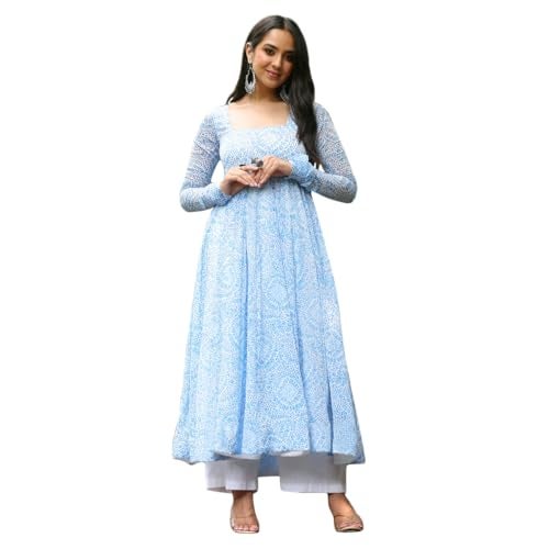 Toochki Kurti for Women | Kurtis | Georgette Kurtas | Flared Anarkali | One Piece | Sky Blue | Printed - Image 1