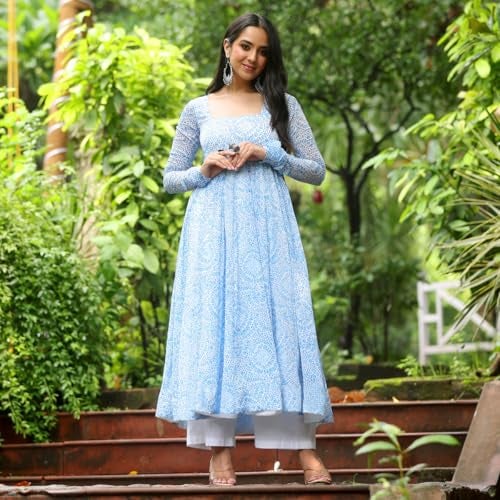 Toochki Kurti for Women | Kurtis | Georgette Kurtas | Flared Anarkali | One Piece | Sky Blue | Printed - Image 2