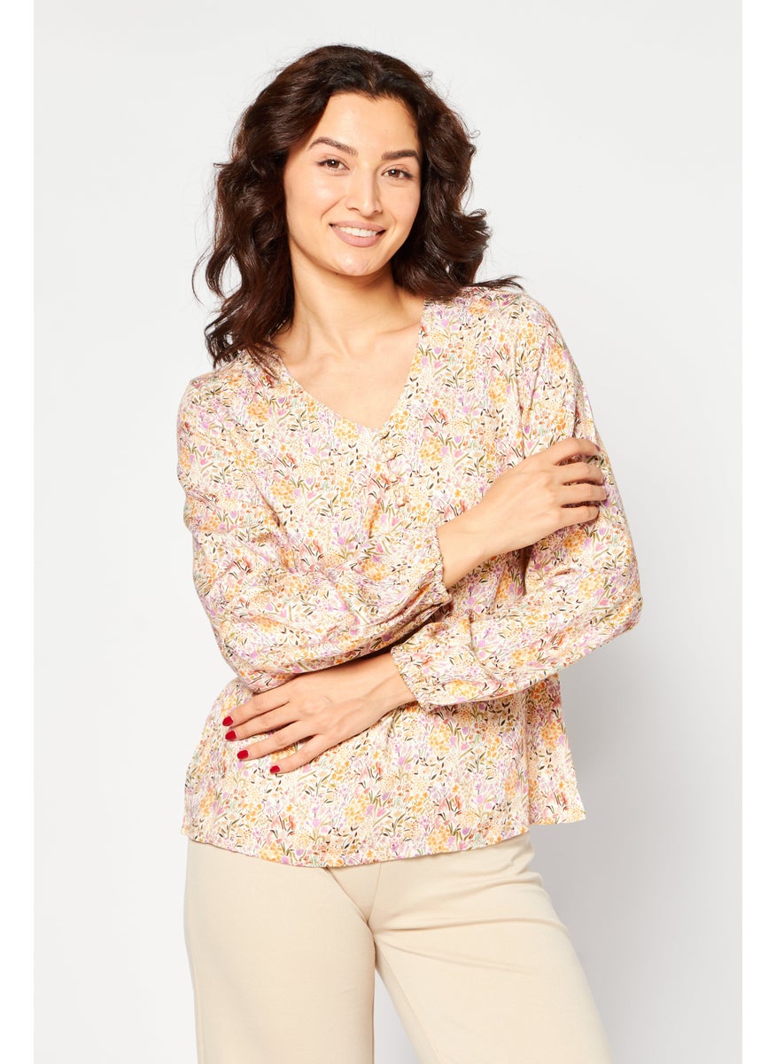 Women V-Neck Long Sleeves Floral Pattern Top, Yellow - pzsku/Z2495C1200D1D46D1E70CZ/45/_/1726669389/4658239a-2c4c-4571-ab4c-907c4484cfb6