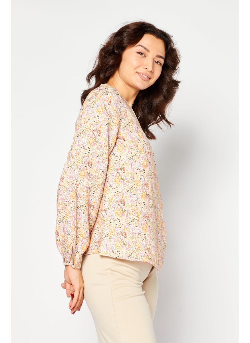 Women V-Neck Long Sleeves Floral Pattern Top, Yellow - pzsku/Z2495C1200D1D46D1E70CZ/45/_/1729779394/2abc5028-d348-46af-8d5a-83c1a2179fc8