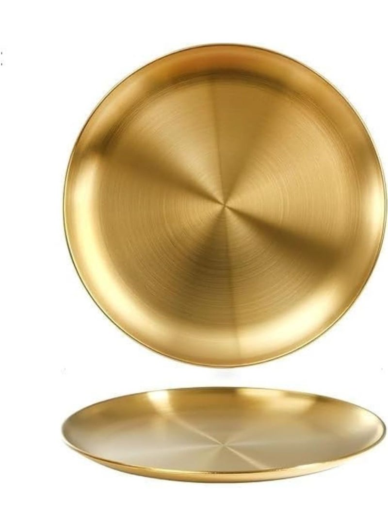 شو وو 2 طبق جولد عشاء دائري من الفولاذ المقاوم للصدأ مقاوم للكسر وآمن للغسل في غسالة الأطباق 26سم- 23 سم ، ذهبي، - Image 2