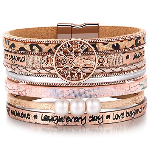 Desimtion Gifts for Teenage Girls, Inspirational Leopard print rose gold leather Wrap Boho Bracelets for Women,Easter Christmas Birthday Jewelry Gifts for Teen Girls - Image 1