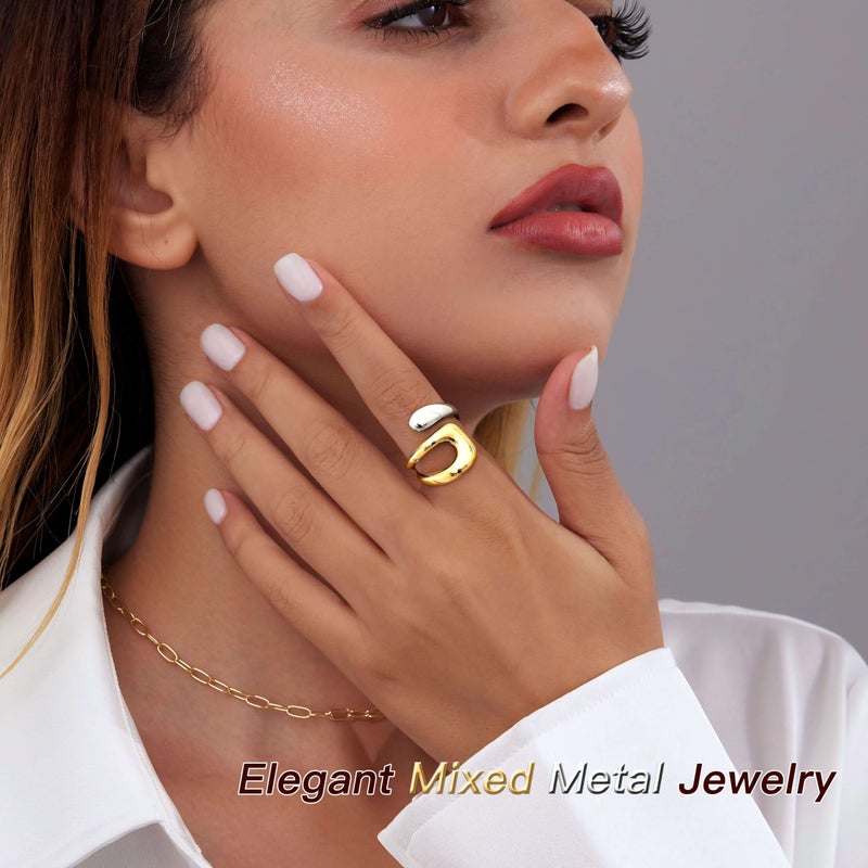 Poxtex Two Tone Gold Silver Rings for Women, Mixed Metal Jewelry Non Tarnish, Chunky Statement Thumb Pinky Fashion Trendy Cute Rings Size 7 - Image 2