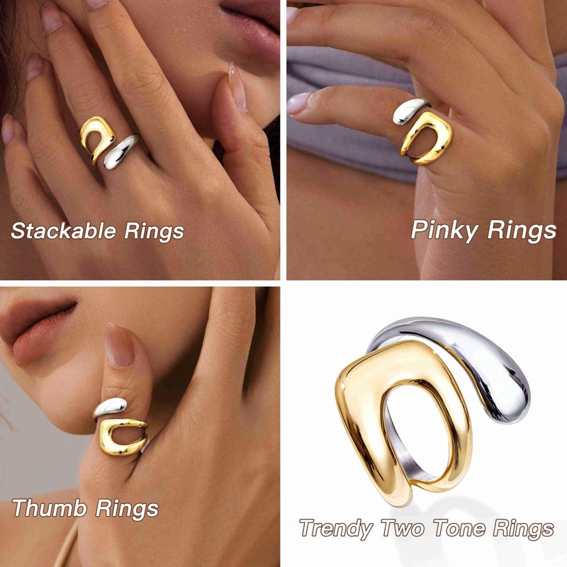 Poxtex Two Tone Gold Silver Rings for Women, Mixed Metal Jewelry Non Tarnish, Chunky Statement Thumb Pinky Fashion Trendy Cute Rings Size 7 - Image 3
