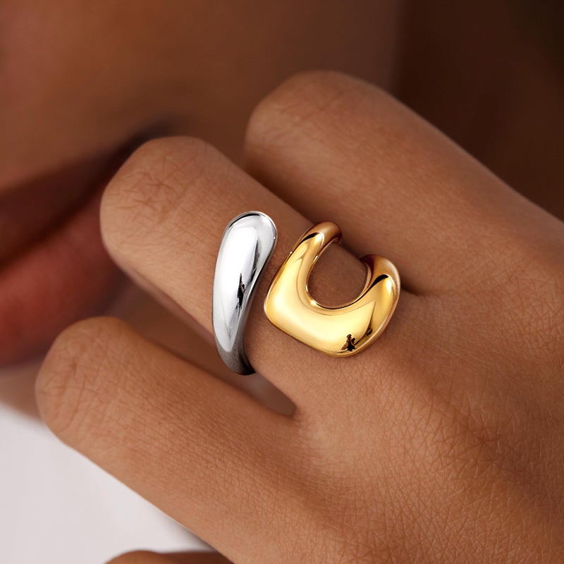 Poxtex Two Tone Gold Silver Rings for Women, Mixed Metal Jewelry Non Tarnish, Chunky Statement Thumb Pinky Fashion Trendy Cute Rings Size 7 - Image 5