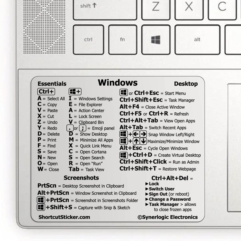 Synerlogic Synerlogic Windows PC Reference Keyboard Shortcut Sticker  Vinyl NoResidue Adhesive Windows Shortcut Sticker for PC Laptop or Desktop  Shortcuts Cheat Sheet ClearLarge