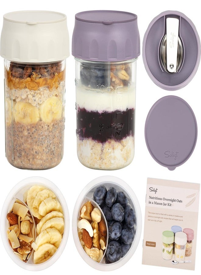SOLIGT 2 Pack Overnight Oats Containers with Lids, Folding Spoons and Divided Compartments for Fruit & Nuts, Small Glass 16oz Mason Jars for Oatmeal Yogurt Parfait - Image 1
