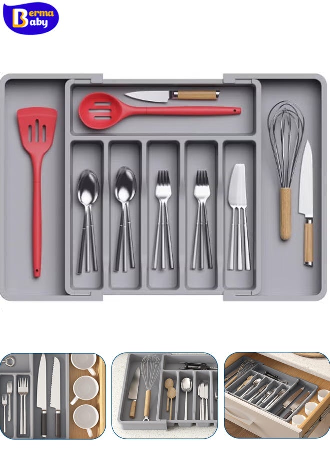 Berma Baby Silverware Drawer Organizer, Expandable Utensil Tray for Kitchen, BPA Free Flatware and Cutlery Holder, Adjustable Plastic Storage for Spoons Forks Knives, Large, Grey  - Image 1