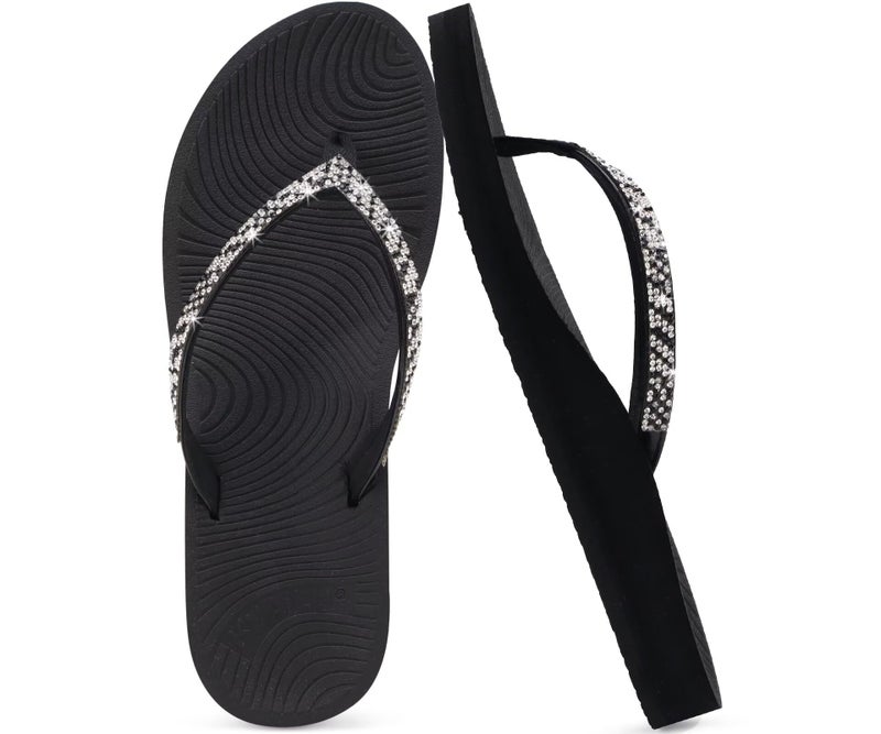 KuaiLu Women's Rhinestone Flip Flops with Comfort Arch Support Yoga Mat Cushion Sandals Fashion Summer Beach Pool Travel Orthotic Walking Thong Sandles Slip on Plantar Fasciitis Black 10 - Image 1
