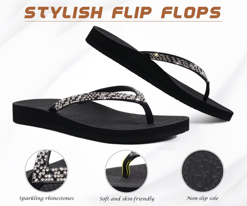 KuaiLu Women's Rhinestone Flip Flops with Comfort Arch Support Yoga Mat Cushion Sandals Fashion Summer Beach Pool Travel Orthotic Walking Thong Sandles Slip on Plantar Fasciitis Black 10 - Image 4