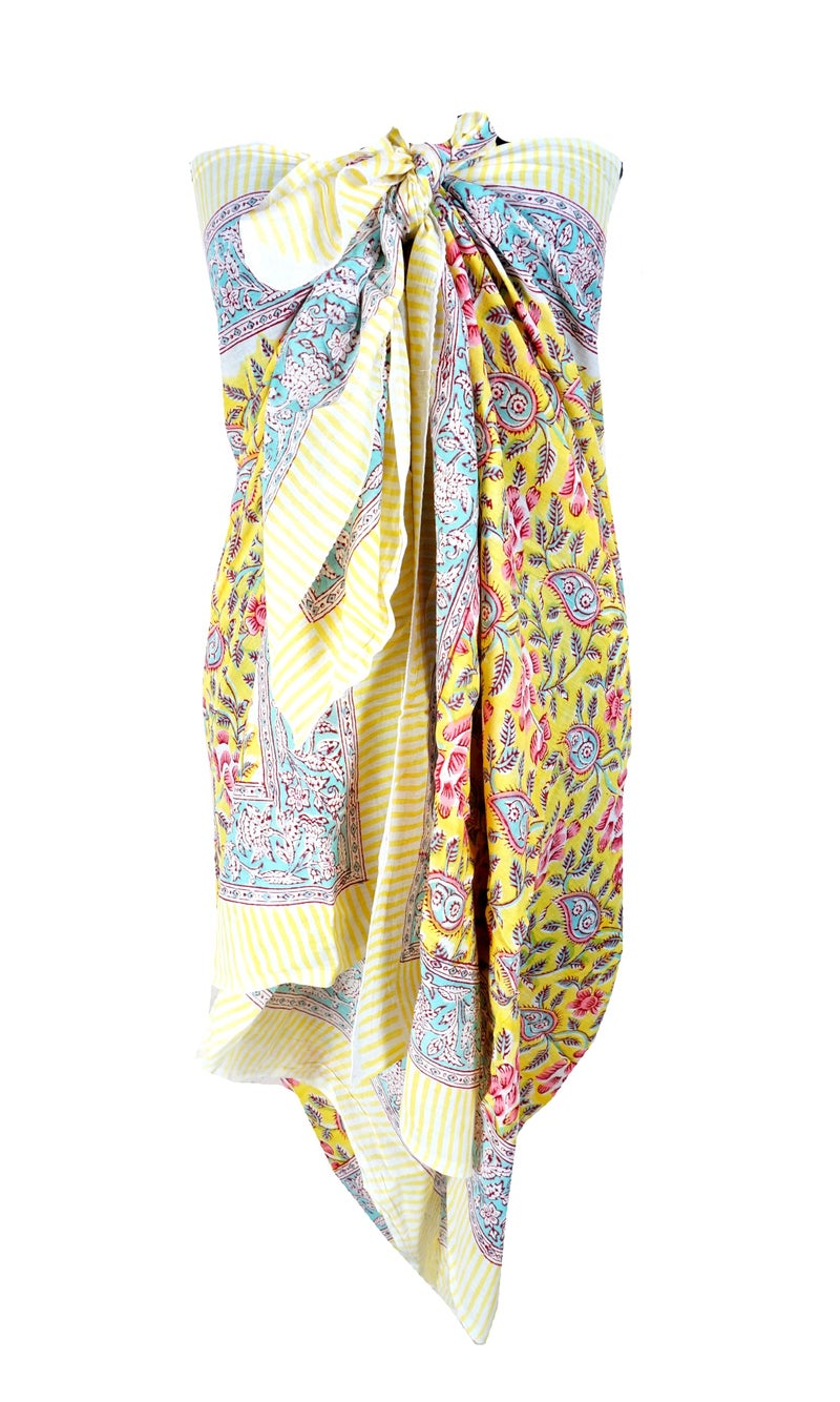 Hand block floral print cotton scarf beach sarongs soft voile summer pario (gold, 44x74) - Image 1