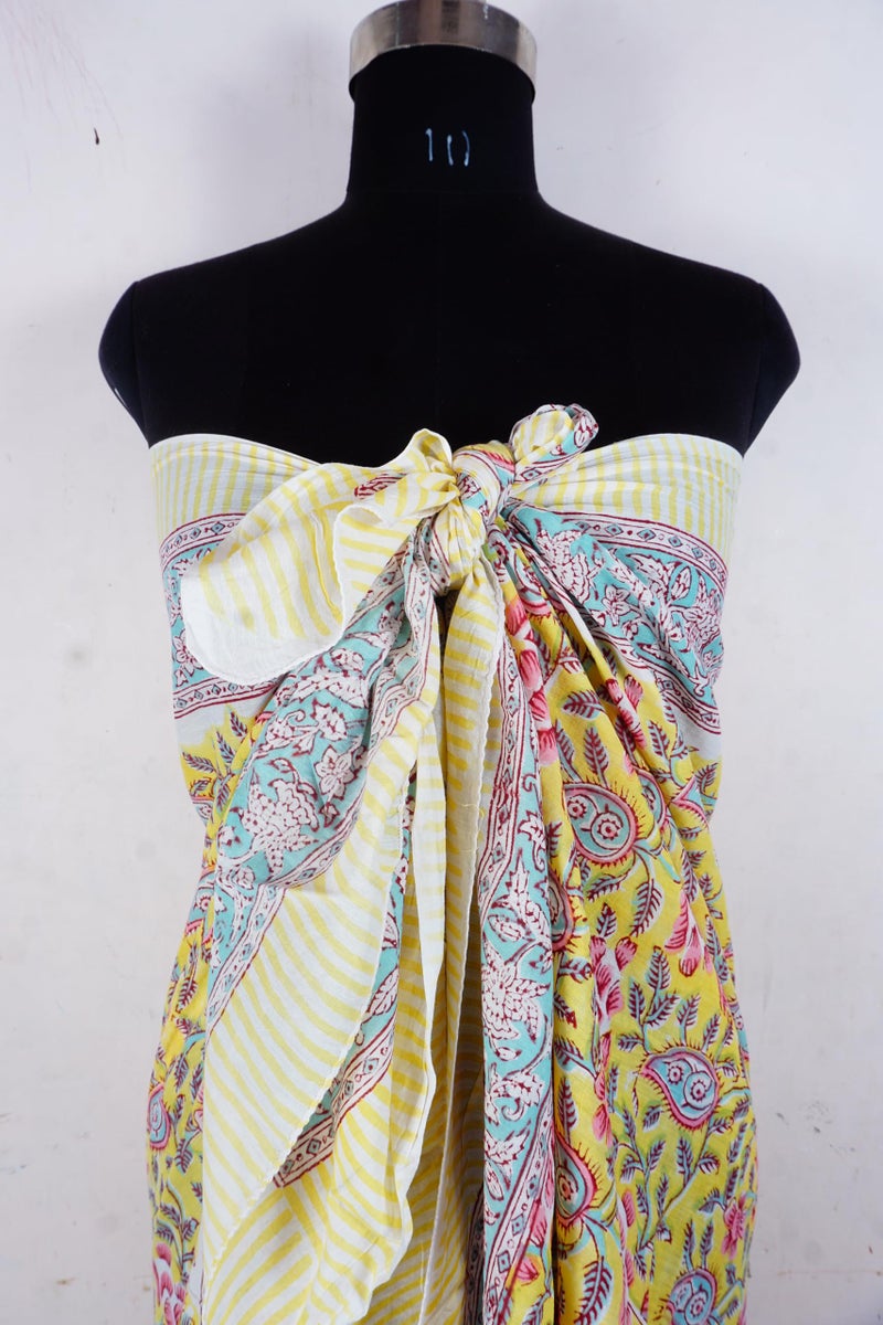 Hand block floral print cotton scarf beach sarongs soft voile summer pario (gold, 44x74) - Image 3