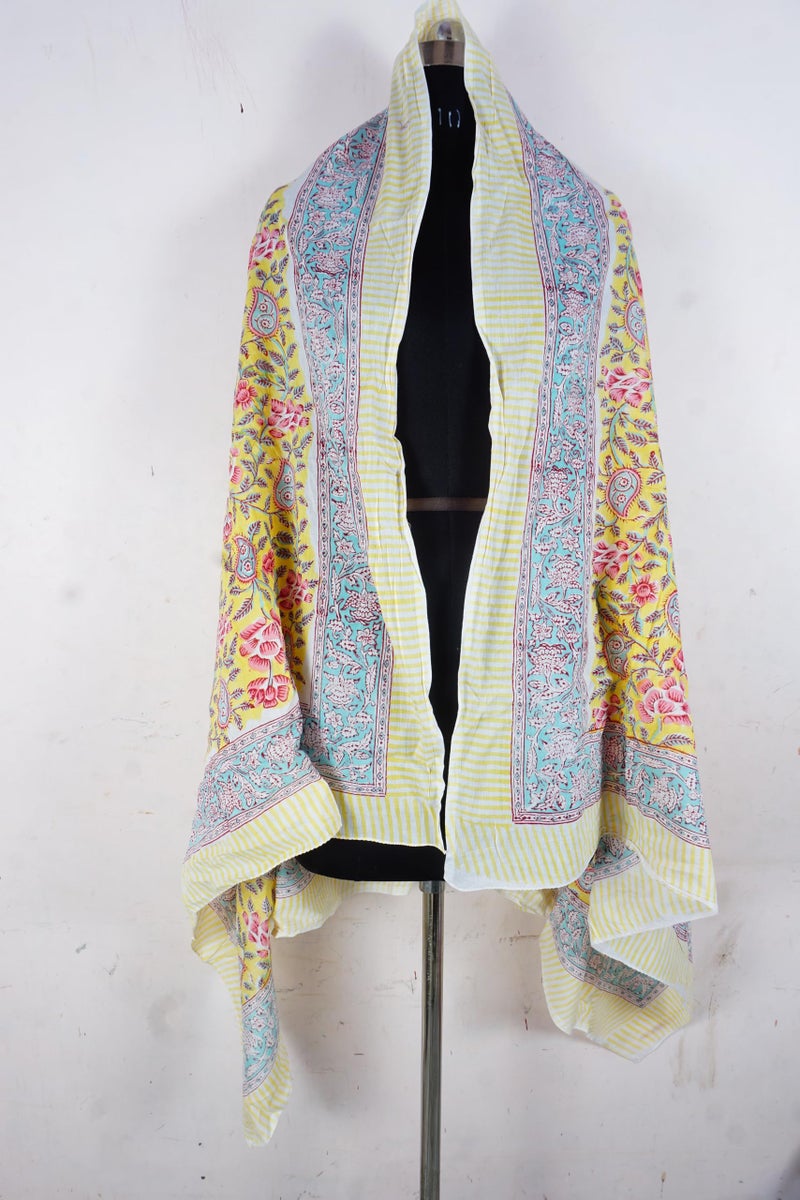 Hand block floral print cotton scarf beach sarongs soft voile summer pario (gold, 44x74) - Image 4