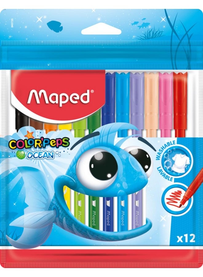 Maped Color'Peps Ocean Felt Tip Pens with Washable Ink| Pack of 12|Easily Washable on Textiles & Skin| Colouring pen for Kids| Drawing Sketch Pen|Bright Colours| Child-Safe Cap Design| Felt pens - Image 1