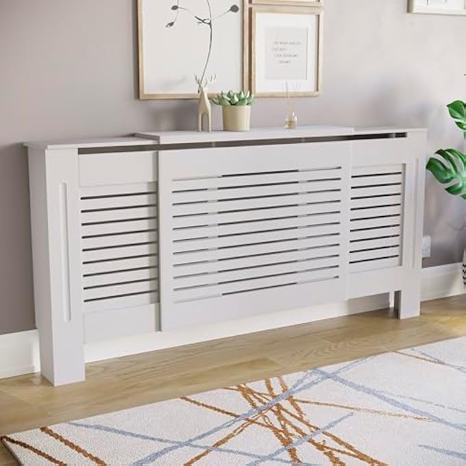 MILTON RADIATOR COVER ADJUSTABLE MODERN SLATTED GRILL SLATS WHITE PAINTED MDF CABINET - Image 1