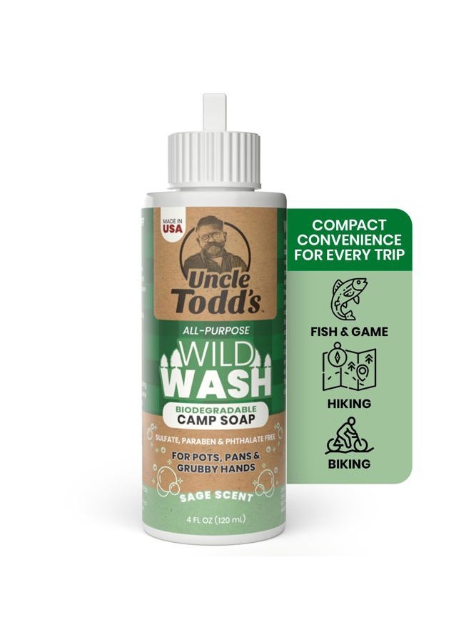 Uncle Todd's Wild Wash Biodegradable Soap, Camping Soap Ideal for Dishes, Body, Hands, and Clothes - 4oz, Sage Scent - Image 1