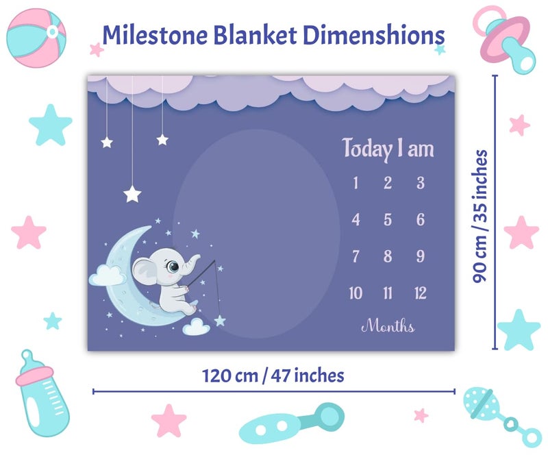 Hoolloomooloo Hoolloomooloo Baby Monthly Milestone Blanket | Dreamy Elephant Moon Design | 1-12 Months | Soft Blanket | Includes Golden Ring & 15 Milestone Cards | Growth Tracker & Photoshoot Prop | 120x90 cm  - Image 3