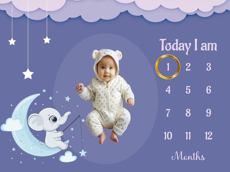 Hoolloomooloo Hoolloomooloo Baby Monthly Milestone Blanket | Dreamy Elephant Moon Design | 1-12 Months | Soft Blanket | Includes Golden Ring & 15 Milestone Cards | Growth Tracker & Photoshoot Prop | 120x90 cm  - Image 2