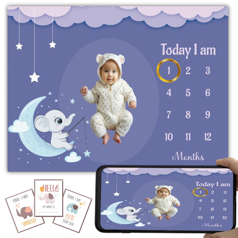 Hoolloomooloo Hoolloomooloo Baby Monthly Milestone Blanket | Dreamy Elephant Moon Design | 1-12 Months | Soft Blanket | Includes Golden Ring & 15 Milestone Cards | Growth Tracker & Photoshoot Prop | 120x90 cm  - Image 1