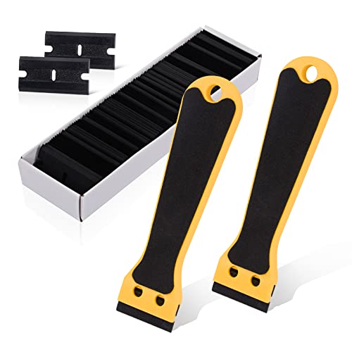 EHDIS 2pcs Plastic Razor Scraper 6-inch Long Handle Adhesive Remover Tool with 100 Double-Edge Blades for Window Tint Vinyl Scraper Decal Sticker Glue Remover (yellow) - Image 1