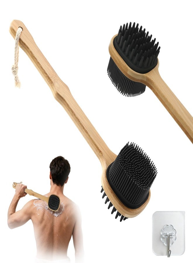 QEYMN Silicone Back Scrubber for Shower, Silicone Bath Body Brush Loofah with Long Handle, Dual-Sided Shower Brush for Body, Black Exfoliating Body Scrubber for Men Women, Back Washer for Men with Hook - Image 1