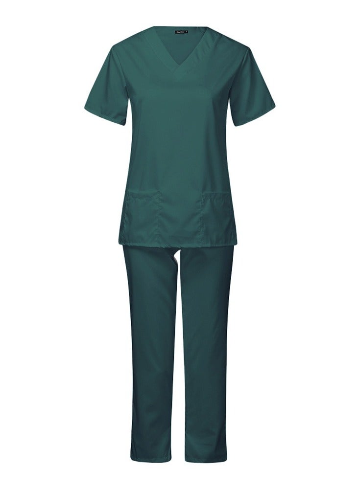 Loquat Medical Uniform Scrubs Set Fast Dry V-Neck Top and Loose Pants Suit Dark Green - Image 1