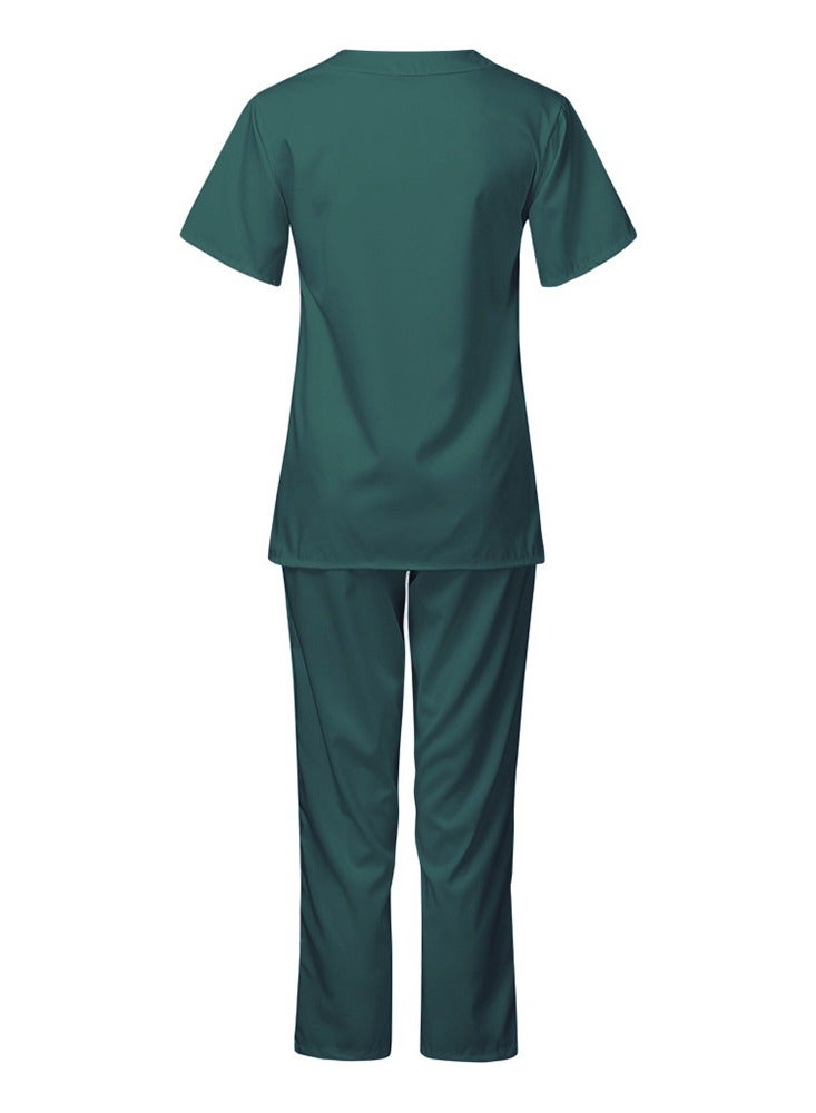 Loquat Medical Uniform Scrubs Set Fast Dry V-Neck Top and Loose Pants Suit Dark Green - Image 2