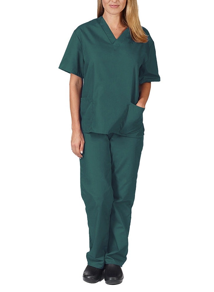 Loquat Medical Uniform Scrubs Set Fast Dry V-Neck Top and Loose Pants Suit Dark Green - Image 3