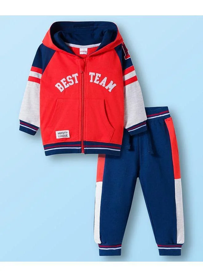 Babyhug Babyhug Terry Knit Full Raglan Sleeves Hooded Cut & Sew T-Shirt & Lounge Pant Set with Text Patch Detailing - Multicolor