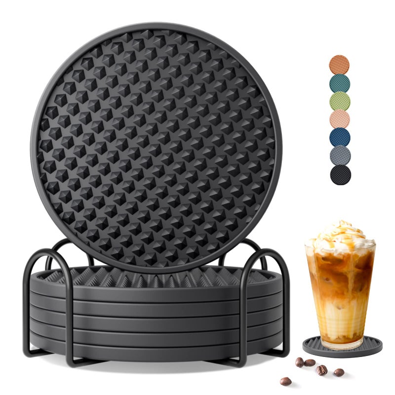 Drink Coasters Set of 6 with Holder  Silicone Coasters Tabletop Protection for Any Table Type  Wood  Glass  Stone Tables  Dishwasher Safe  Coasters for Drinks Fits Any Size of Drinking Glasses (Black)