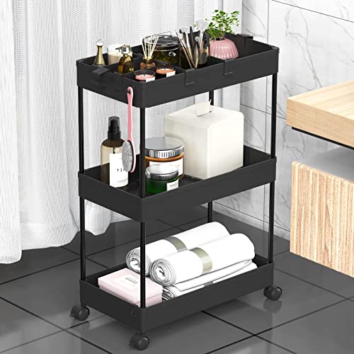 SPACELEAD 3 Tier Rolling Cart with Wheels Storage Craft Art Trolley Organizer Serving 3 Hanging Baskets Easy Assembly for Office Living Room Kitchen Black