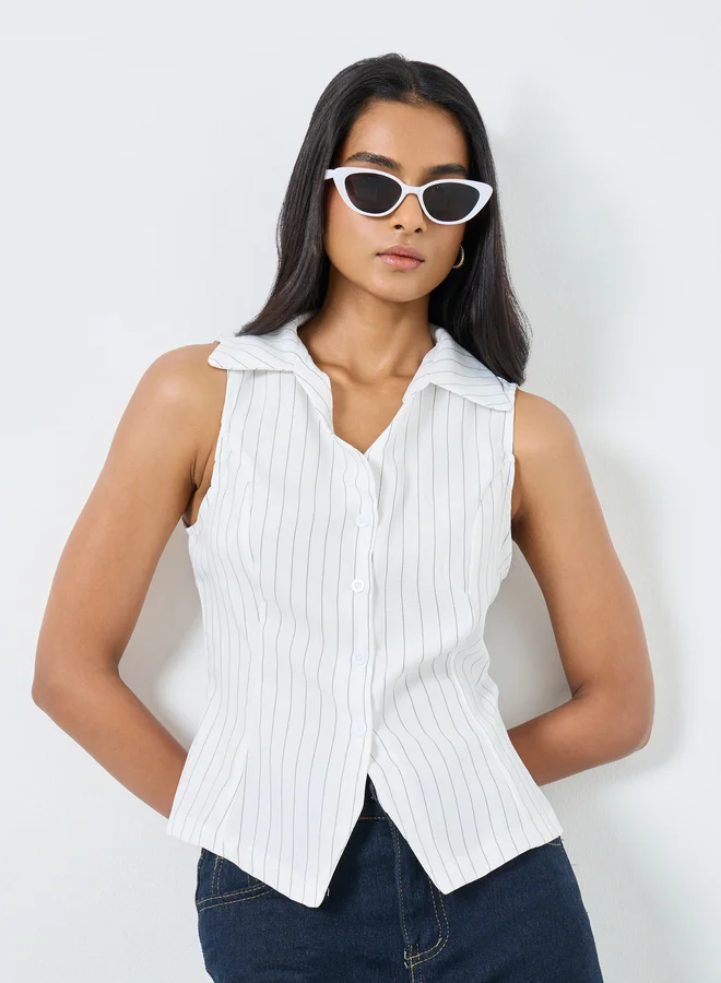 تايك تو Take Two Striped Sleeveless Buttoned Shirt