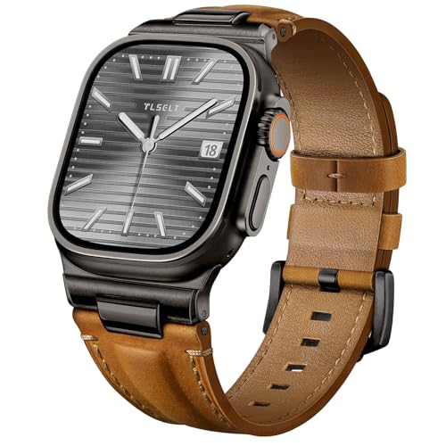 Tlselt Leather Band for Apple Watch Ultra 3/Ultra 2 Bands 49mm 46mm 45mm 44mm, Top Genuine Leather Designer Replacement Strap for iWatch Ultra 3 2 1 SE series 11 10 9 8 7 6 5 4 3 - Image 1
